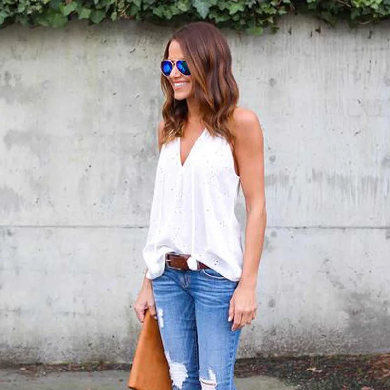 

Summer Cross Border Popular European And American Summer Embroidered Slim Belt Sleeveless Vest V-neck Casual Top 1272