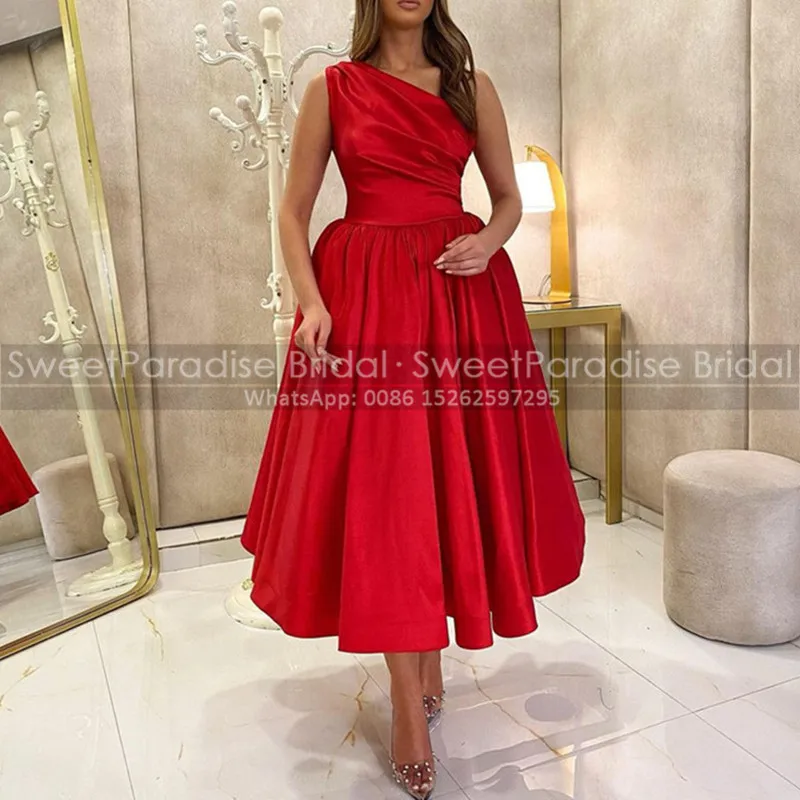 

Женское атласное платье невесты, красное ТРАПЕЦИЕВИДНОЕ вечернее платье на одно плечо, со складками, длиной ниже колена, 2021
