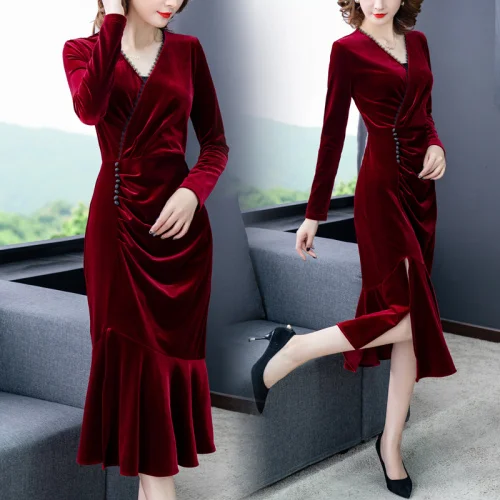 Женское бархатное платье с юбкой годе красное оборками Роскошная Одежда для