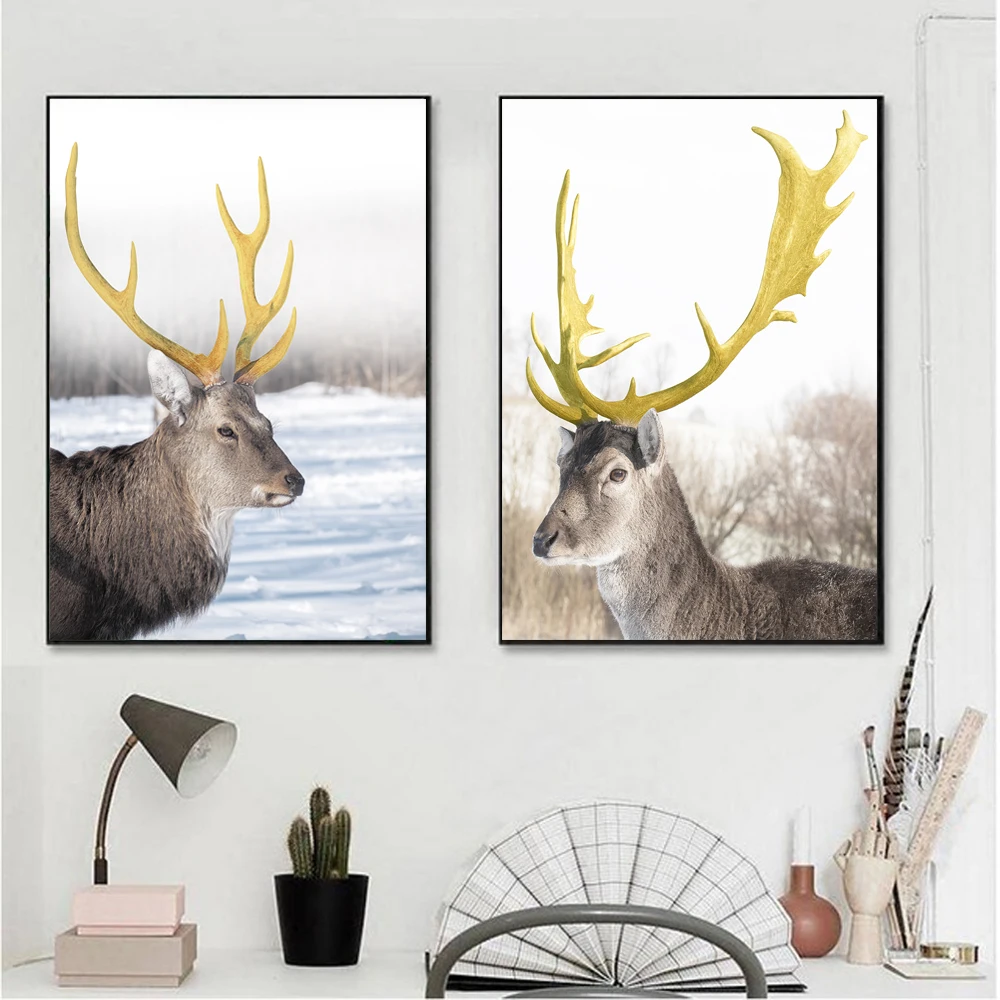 Золото с принтом олень Лесной Пейзаж Wall Art Холст Картина Nordic Плакаты принты