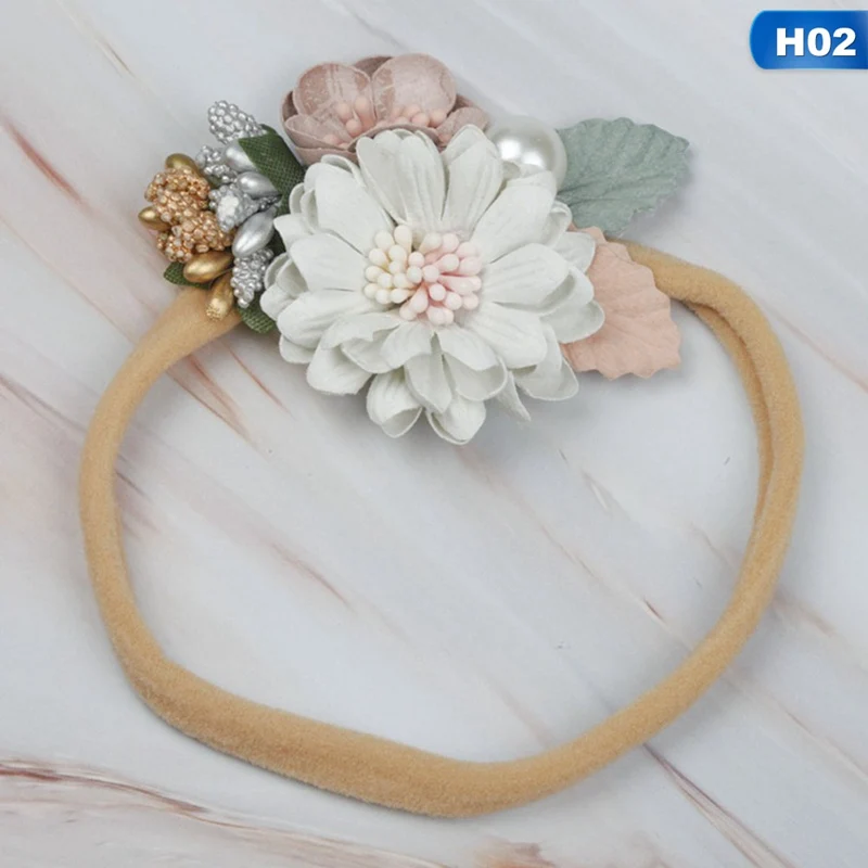 Модная детская лента для волос из нейлона с искусственным цветком эластичная