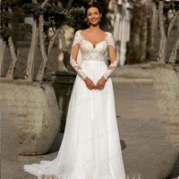 2021 v neck wedding dress chiffon long sleeve sweep train robe de mariee custom made zipper lace appliques bridal gown for women