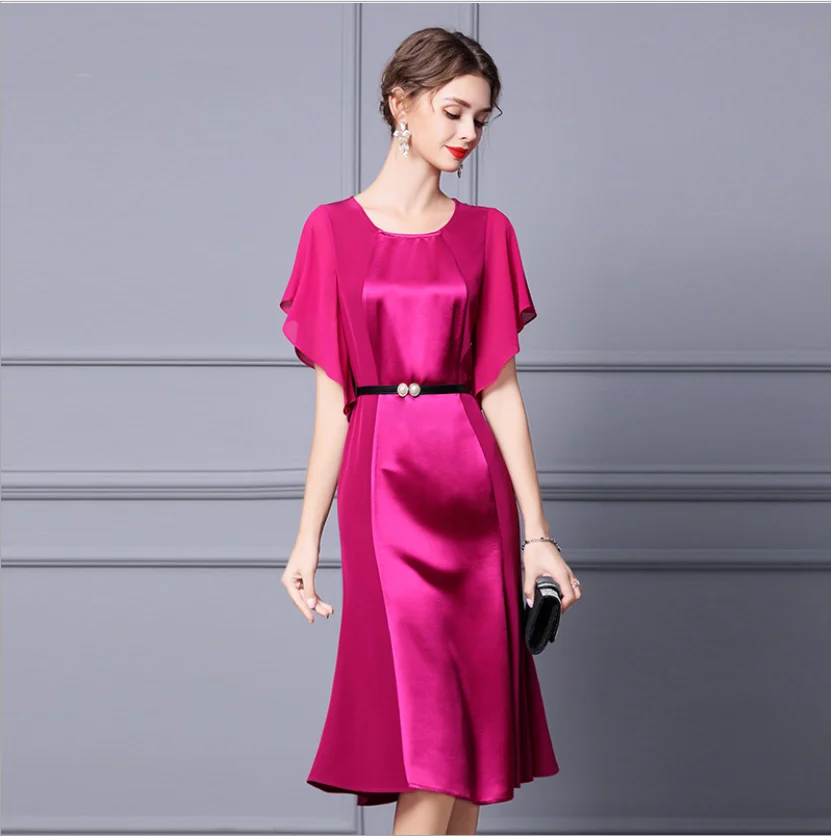 

Purple Red Color Summer Ladies Dress Round Neck Confident Romantic Fishtail A-Line Women's Skirt Elegant Acetate Business Skirts