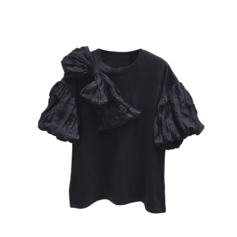 

New Fashion Bow Designed Folds Tshirt Women 2021 Summer O-neck Puff Sleeve Ladies Tops Simple Solid All Match Femme Tee