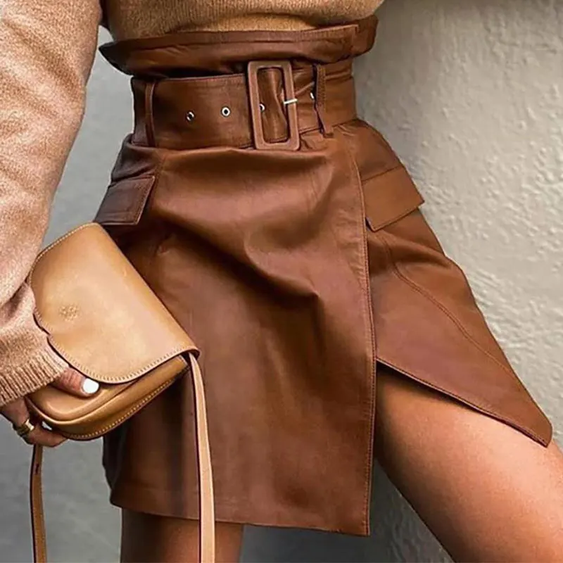 

Women Pocket Design Slit Leather Bodycon PU Skirt