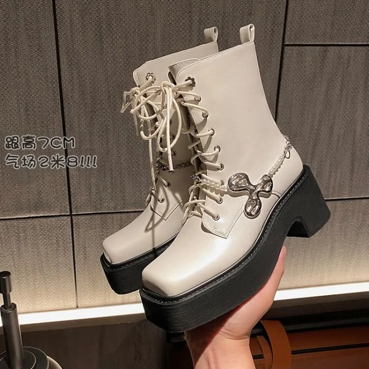 

Thick Soled Short Boots Women's 2021 Spring and Autumn New Chelsea Lace Up High-heeled Single Boots Martin Boots Thick Heel