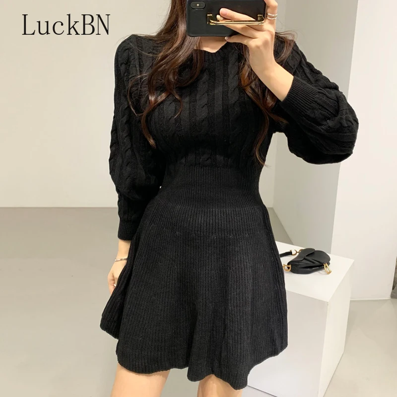 

New French Medium Length Knitting Dress Spring Autumn Leisure Retro Temperament Goddess Long Sleeve Sweater Dress Women's 2021