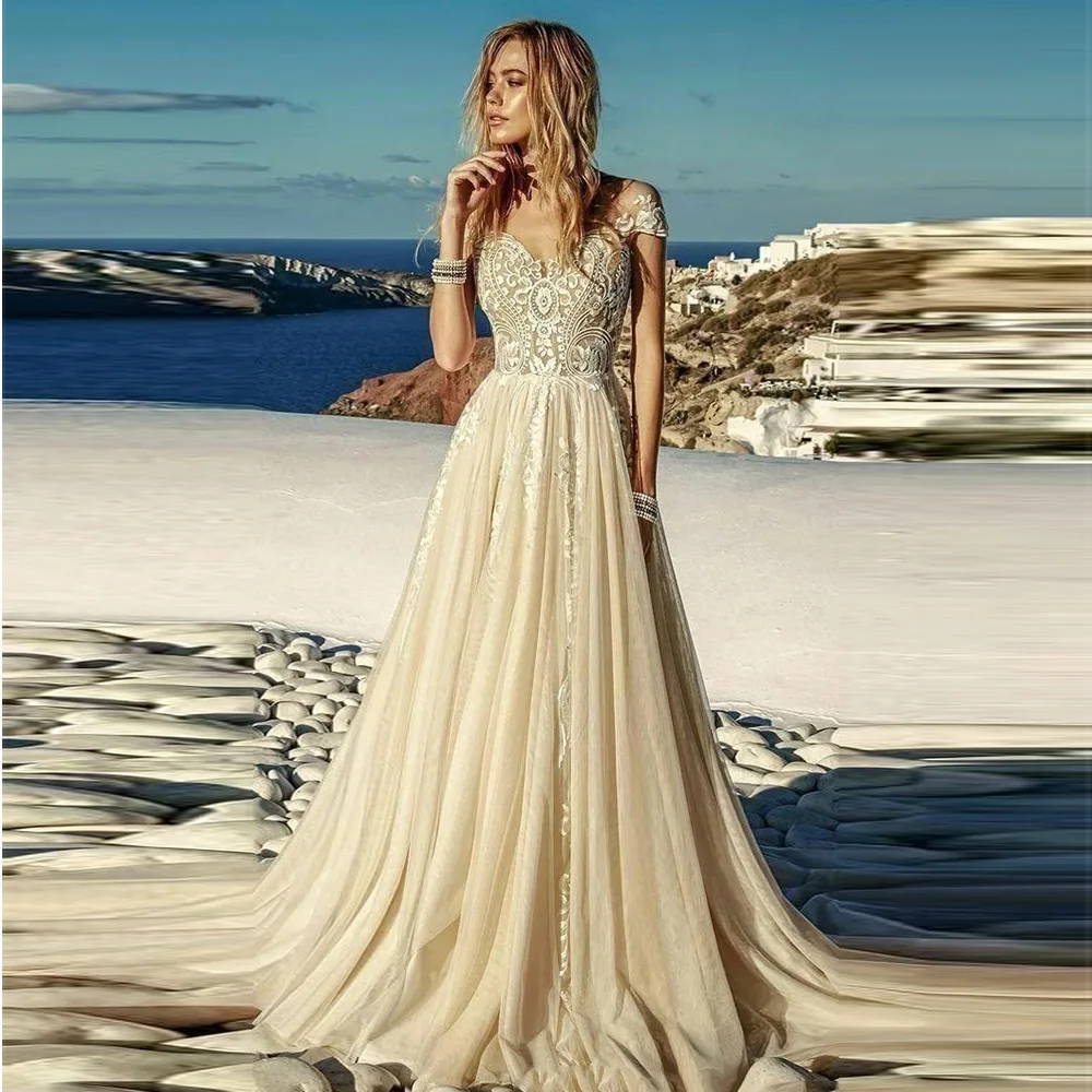 

New Summer Light Champagne Wedding Dresses Boho Beach Chiffon Lace A Line Appliques Long Bridal Gowns Robe