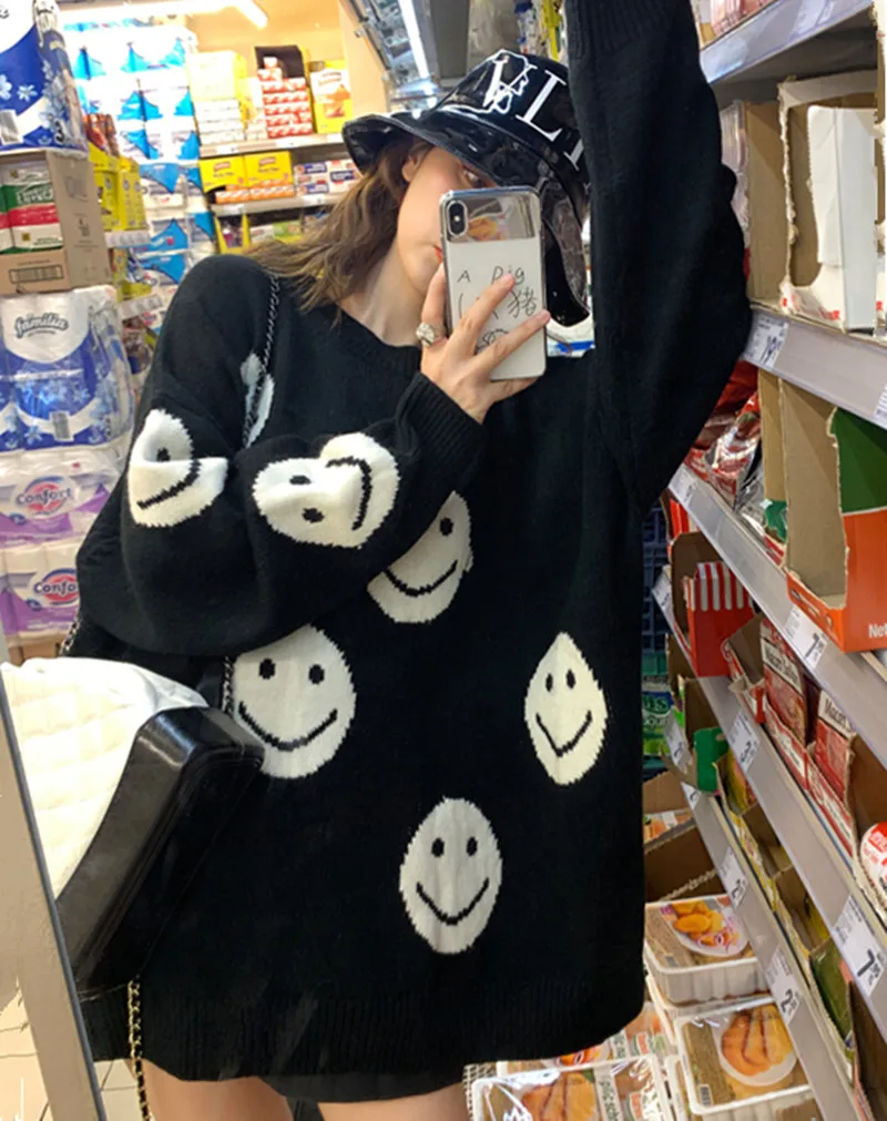 2019 Fall smiley face printed sweater oversized Women warm Pullover femme Winter casual long sleeve loose knitted Tops for women | Женская