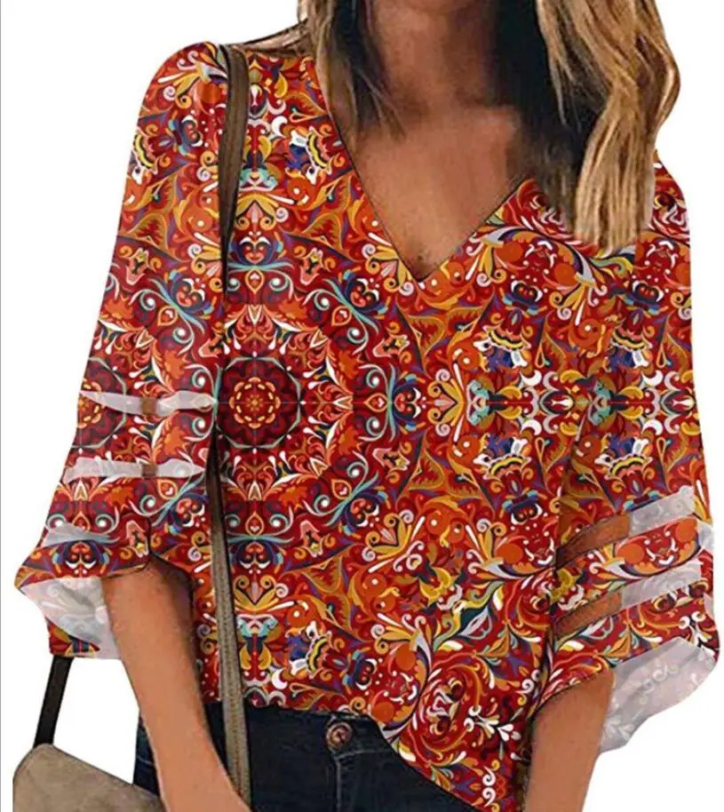 

LISCN 2021 Summer New Casual Women's Clothing Fashion Trumpet Sleeve Printed Tops Ethnic Style Ladies T-Shirt