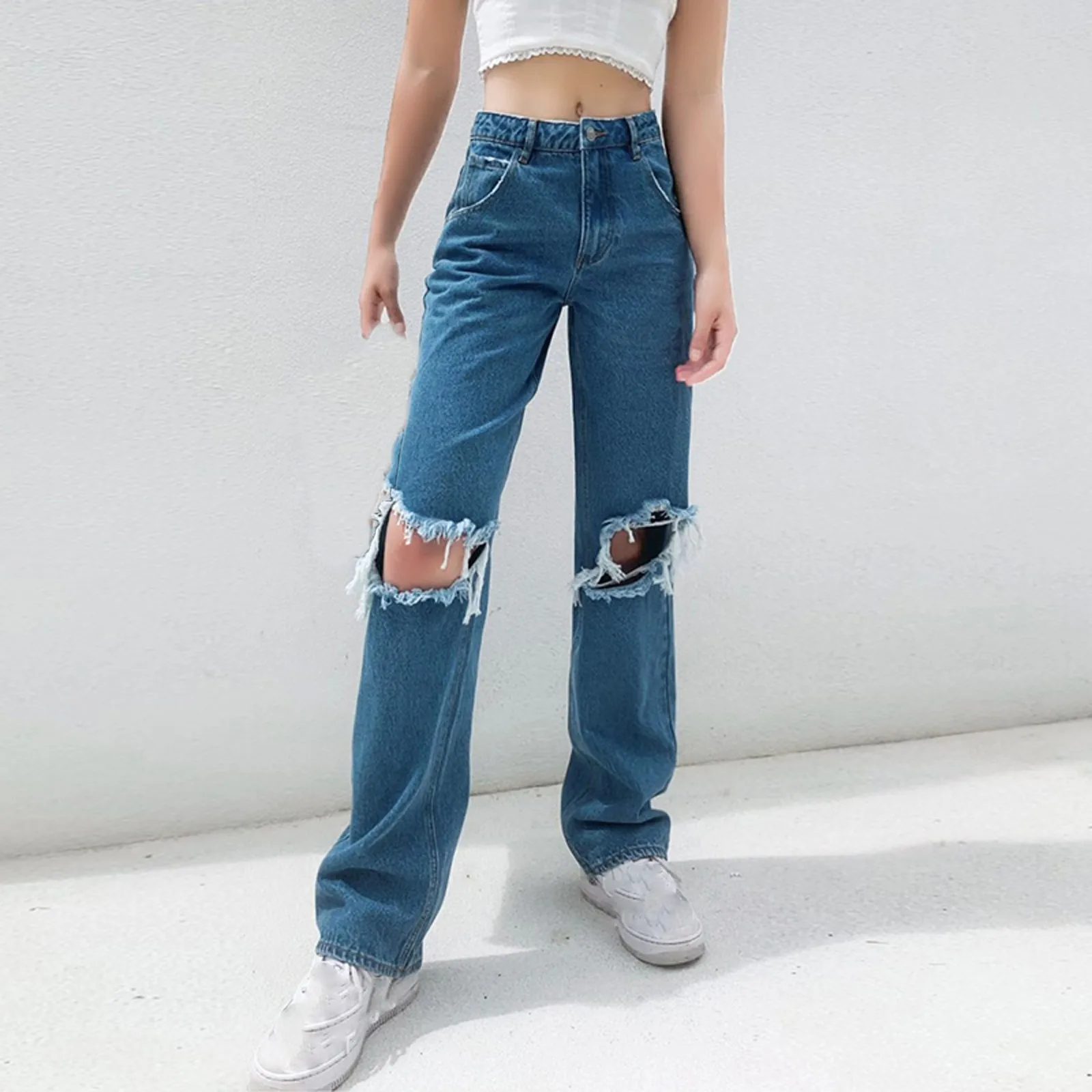 Женские джинсы с завышенной талией повседневные джинсовые брюки свободные
