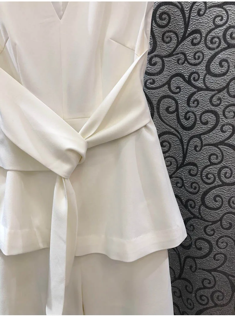 

Top Quality Women's Set 2021 Spring Summer Pant Suit Woman V-Neck Belted Sleeveless Tops+Split Long Pant Set Casual Tracksuit