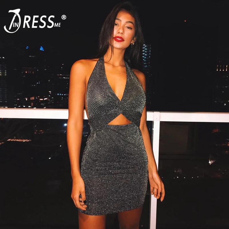 INDRESSME новое женское сексуальное платье-футляр с лямкой на шее длинным рукавом