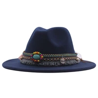 men women wide brim faux wool felt wool fedora hats with ethnic style band cowboy trilby cap unisex fashion panama jazz cap