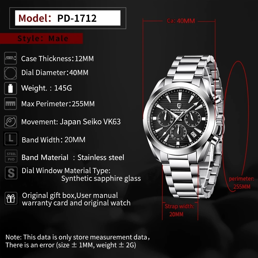 Часы наручные PAGANI Мужские кварцевые полностью стальные водонепроницаемые 100 м -