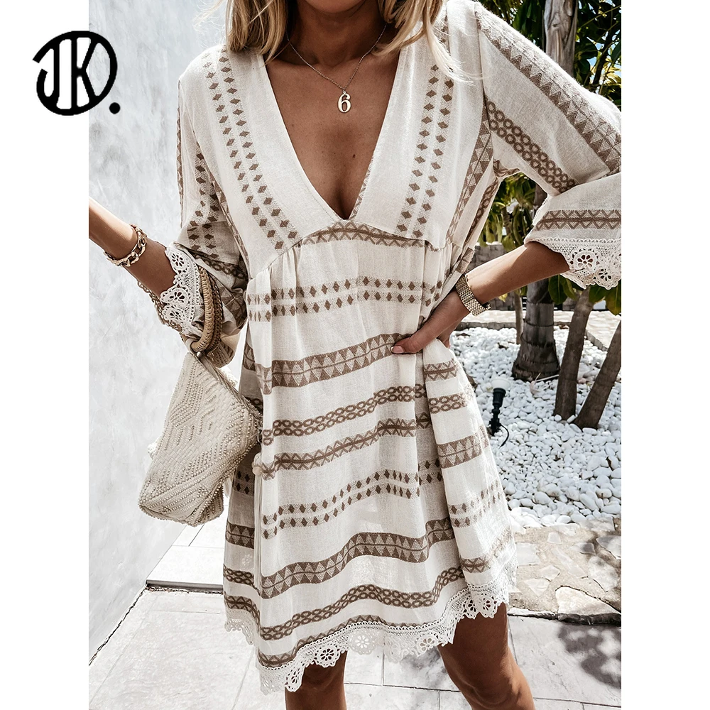 

Bohemian Loose Women Dress Deep V-neck Summer Dresses Large Size Lace Patchwork A-line Dress For Pary Lady Sundress 2XL Vestidos