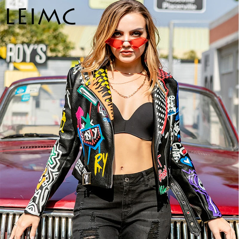

LEIMC New Fashion Women PU Leather Jacket Leopard Print Graffiti Rivets Coats Punk Biker Motorcyclist Short Coat Leather Top