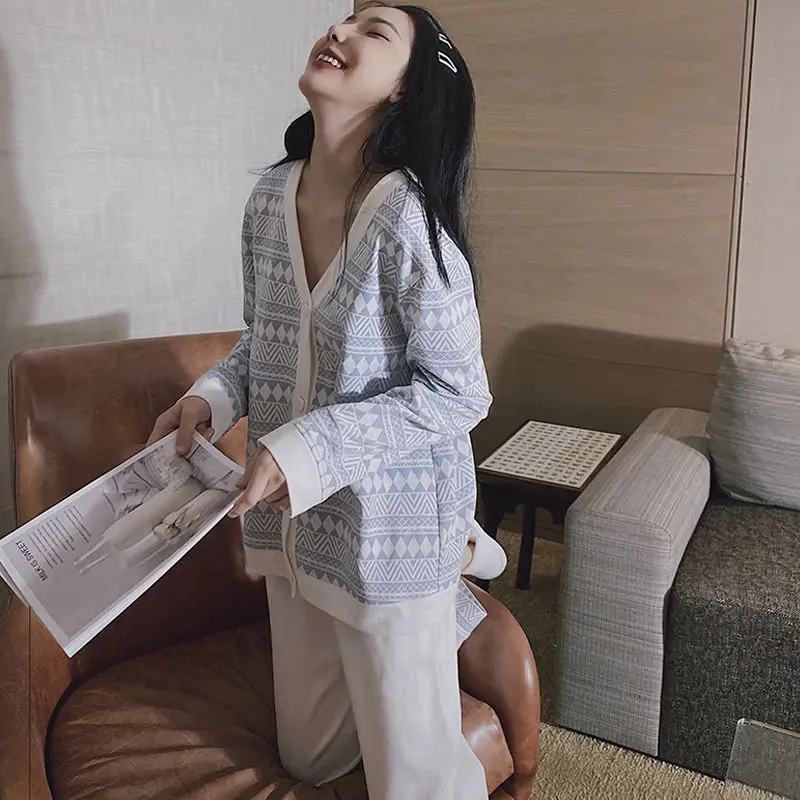 QWEEK Knitted Pijama Autumn Women's Pajamas Geometric Brief Female Set Sleepwear Warm Winter Long Sleeve Pyjama Suit Loungewear