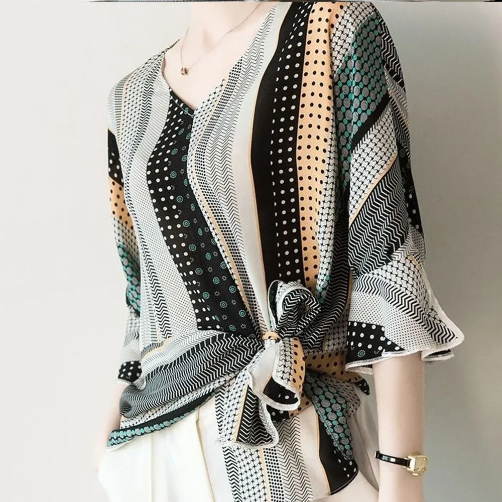 Винтажные топы и блузки с принтом корейские шикарные офисные дамские 2020 Летние