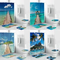 Sunny Coast Beach Island Shower Curtain Ocean Patio House Bathroom Curtains Anti-skid Rugs Toilet Lid Cover Bath Mat Set