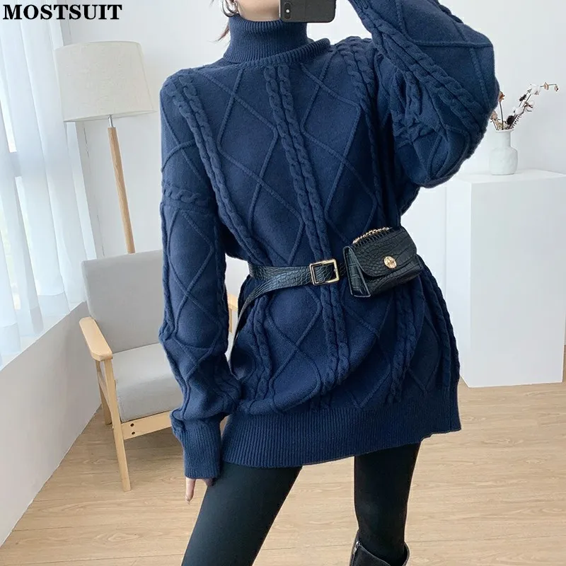 

Пуловер женский осенне-зимний, плотный, с высоким воротником, однотонный, длинный, свободный