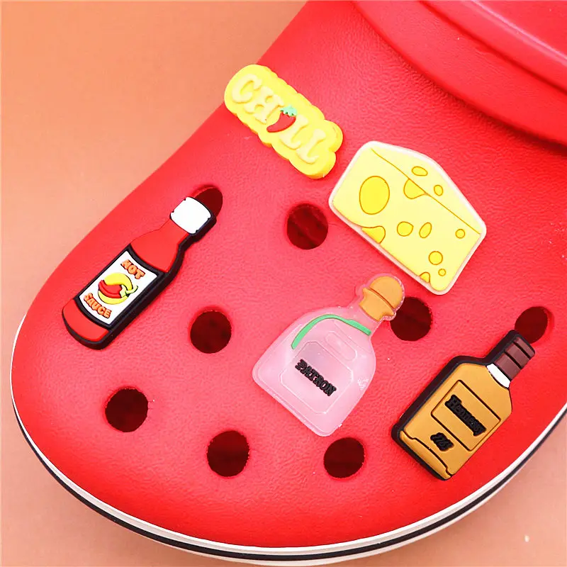 Freeshipping 1pcs Wine Bottle Shoe Charms Cheese Chili Sauce Shoes Accessories Decoration Fit Croc Jibz Party Kids Gifts U229