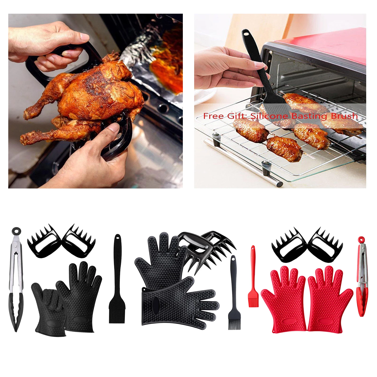 

BBQ Set Silicone BBQ Grill Gloves + Meat Shredder Claws + Brush Plus for