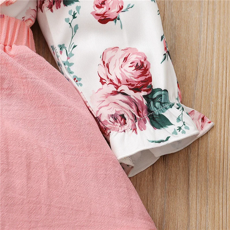 

2Pcs Baby Girls Sweet Cotton Clothes Set,Toddler Girls Rose Print Long Sleeve O-neck T-shirt+Solid Color Short Suspender Skirt