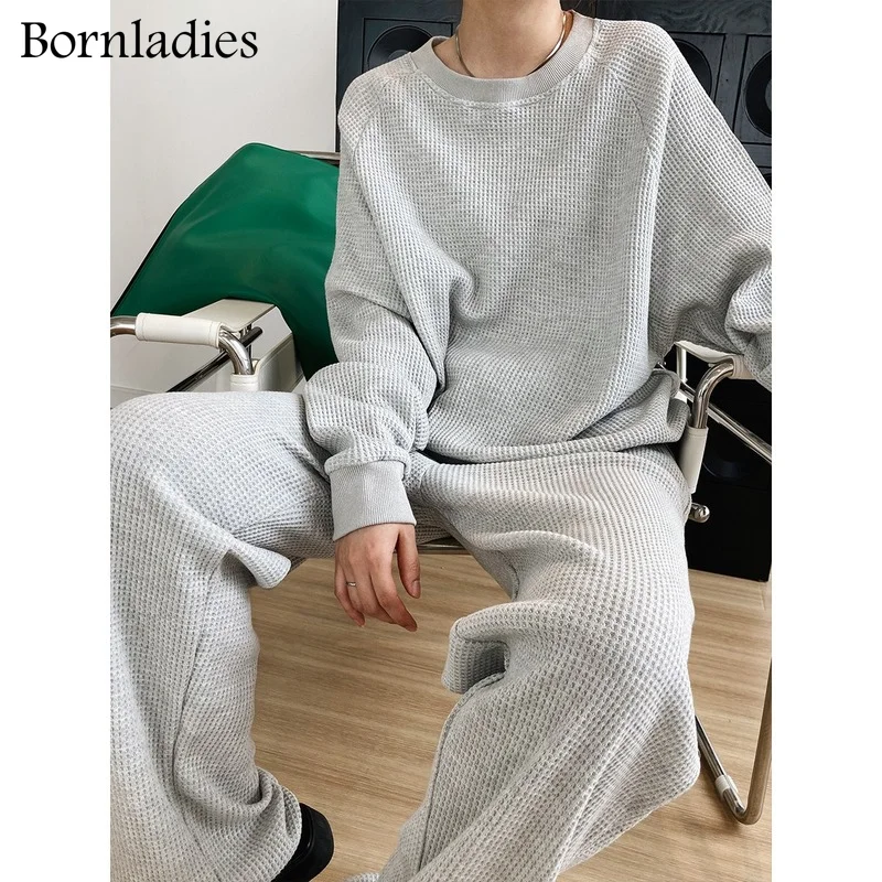 Bornladies 2022 осенний женский хлопковый костюм с вафельным принтом комплект оверсайз