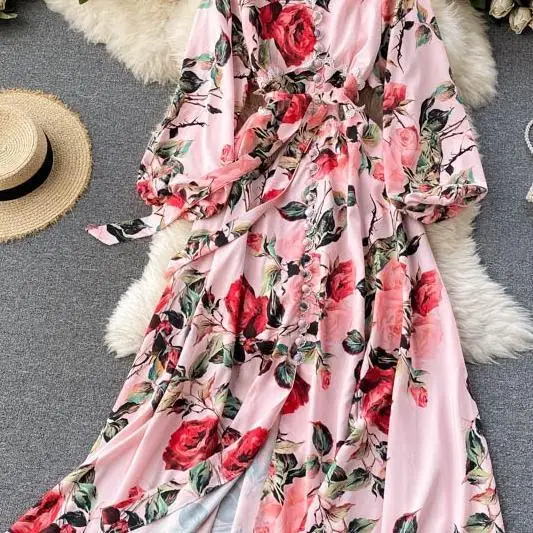 

2021 new long sleeve pink MIDI dress retro flower single breasted V-neck bubble sleeve elegant and unique A-line dress