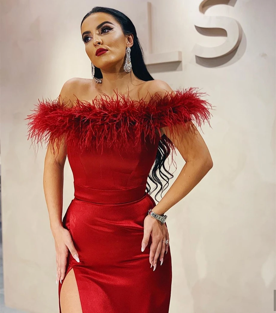 

2020Red Evening Dress Mermaid In Floor For Women Evening Dress Lace For Party High Side Slit Sexy With Feathers Evening Gowns ch
