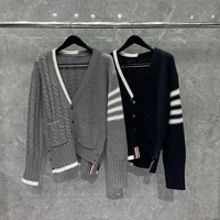 tb thom mens sweater harajuku knit cardigan donegal tweed filey stitch white edge 4 bar stripe v neck luxury brand tb sweaters