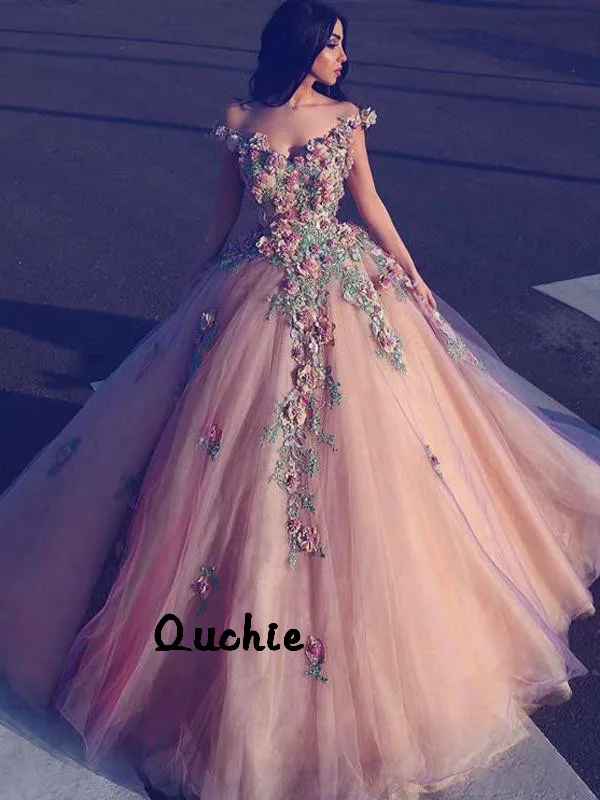 

Champagne Ball Gown Evening Dress Off Shoulder Flowers Special Occasion robe soiree Islamic Dubai Kaftan Saudi Arabic Prom