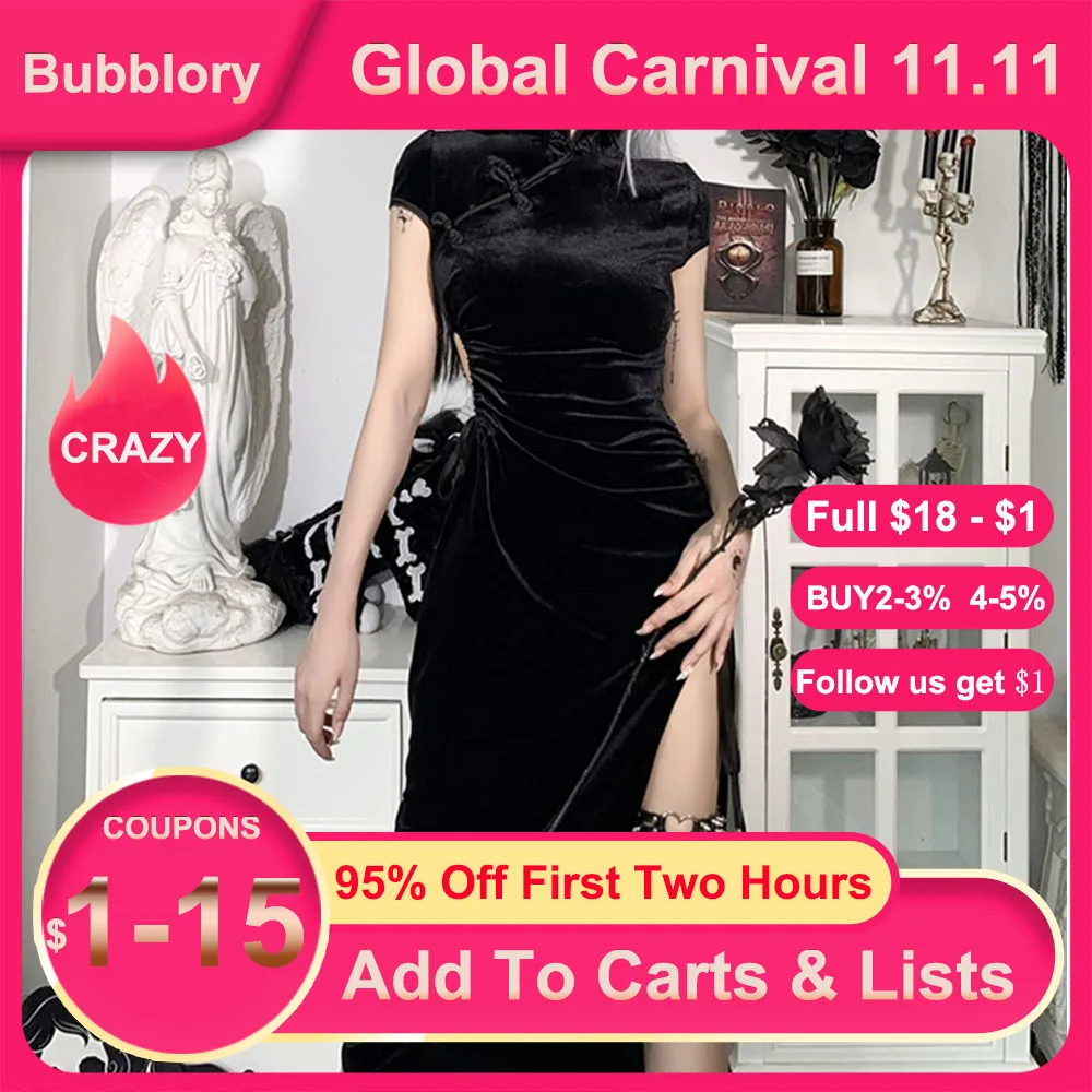 

Women Gothic Dress Cheongsam 2021 Dark 90s Retro Elegant Hollow Waist Split Dresses Vintage Mature Stand Collar Three Buttons