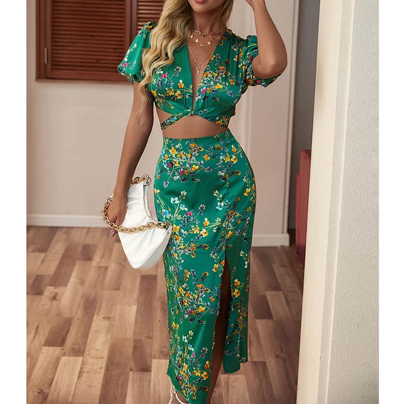 

Satin Women Two Pieces Set Lace Up Sexy V Neck Summer Casual Slim Green Floral Print Puff Sleeve Crop Top & Split Skirt 238065