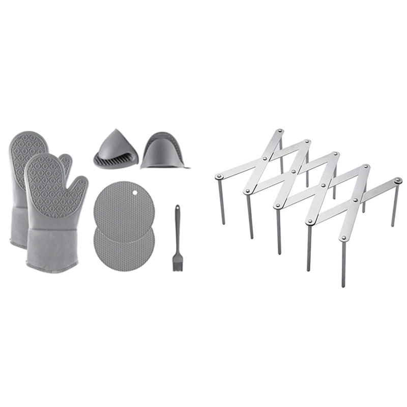 

1 Set Oven Mitts Pot Holder And Oil Brush Set & 1 Pcs Kitchen Organizer Pot Lid Rack Stainless Steel Spoon Plate Holder