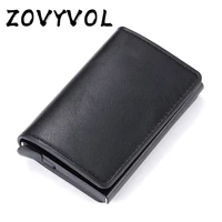 zovyvol business id credit card holder men and women metal rfid vintage aluminium box pu leather card wallet carbon black denim