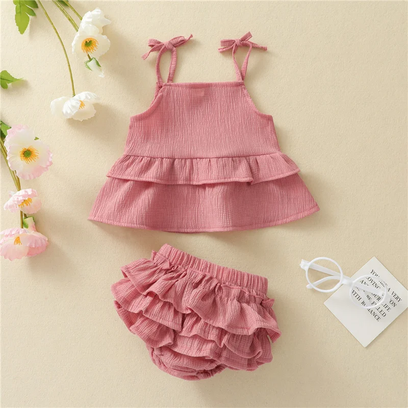 

Комплекты одежды для маленьких девочек из 2 предметов, милый однотонный комплект из топа на бретелях без рукавов с оборками и шортов для дев...