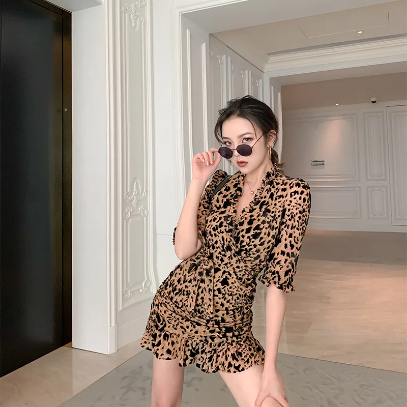 

2021 Summer Prom Club Female Sexy Leopard Print Party Dress Women Slim Deep V Sexy Mini Dresses dresses for women