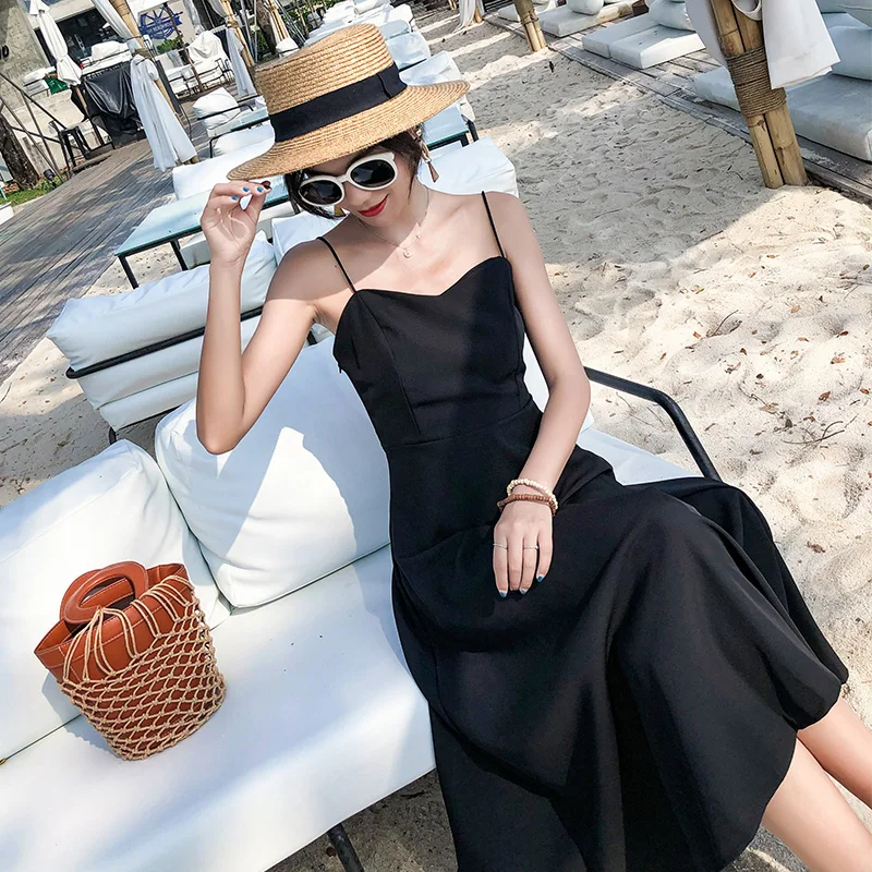 

Korean Runway 2 Colors Summer Women Black Backless Straps Sundress Female Fairy Elegant Party Vacation Long Beach Dress Vestidos
