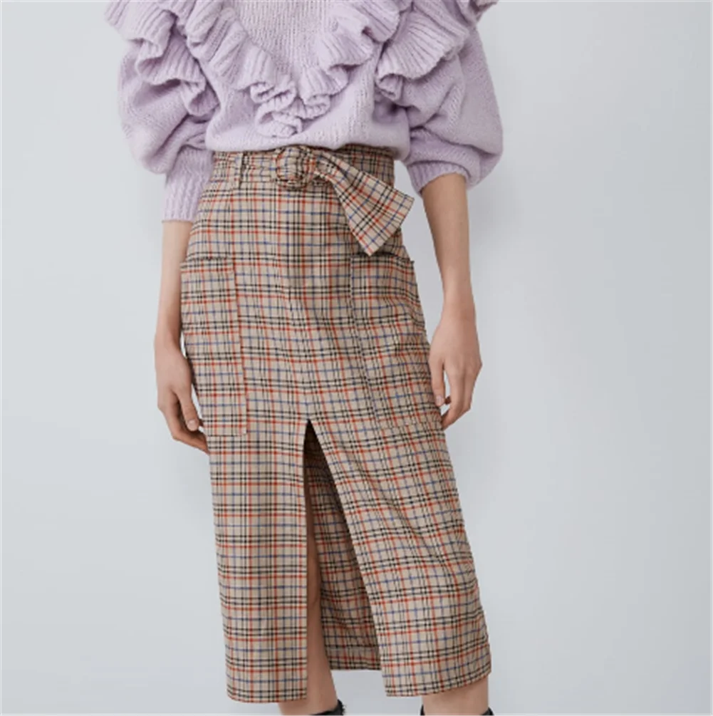 2020 ZA Весенняя Новая женская юбка модная с поясом клетчатая Бохо Женская