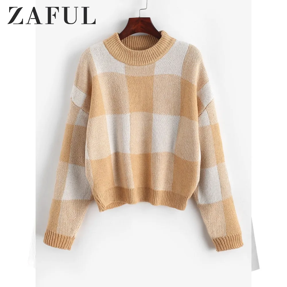 ZAFUL пуловер Интарсия вязаный свитер с графическим вырезом лодочкой хлопковый