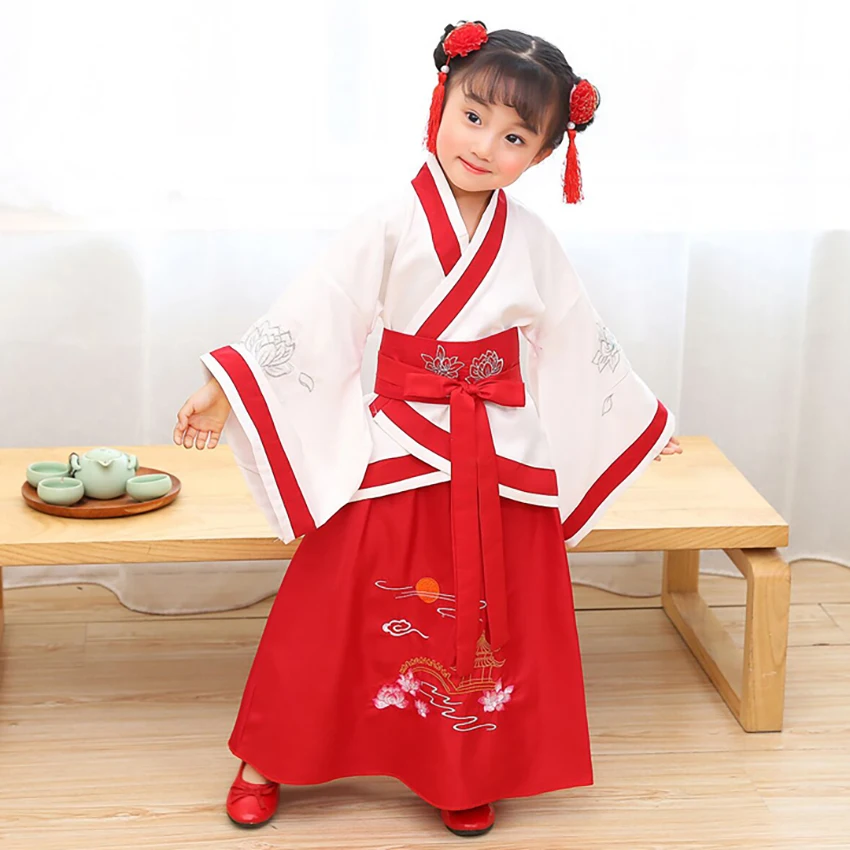 Tangsuit традиционная китайская одежда для детей Hanfu вышивка древняя Династия Тан топ юбка комплект из 2 предметов народное платье танцевальный костюм