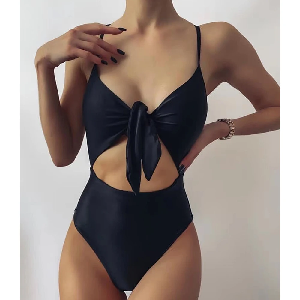 

Sexy Hollow One piece Women High Waist Bow Swimwear 2021 Strapped Push Up Swimsuit Female Solid Monokini Bathing Suit Beachwear