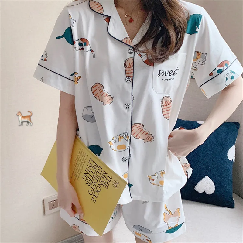 Женский пижамный комплект милый белый из хлопка с принтом кошки и коротким