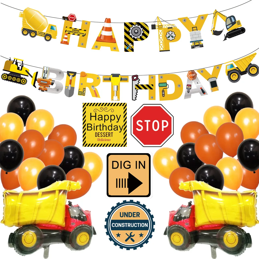 

Construction Truck Theme Party Supplies Excavator Banners Stickers Yellow Orange Balloons for Boy Birthday Party Decoration