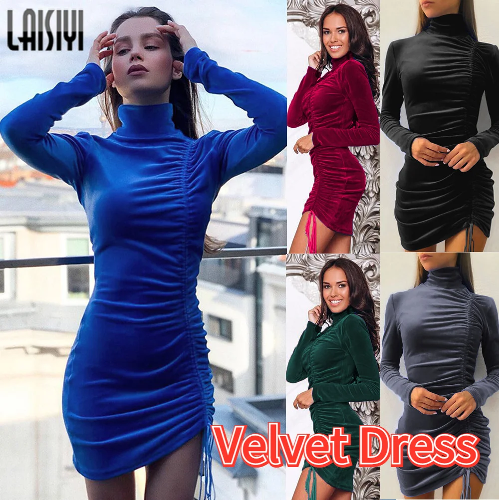 

Women Sexy Bodycon Velvet Mini Dress Fashion Long-Sleeved Tight-fitting Hip Dress Party Velvet Elegant Solid High-Neck Dresses