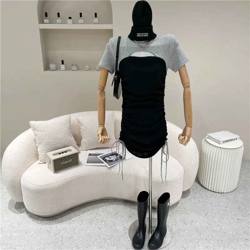 

Women's Spring Summer 2021 Fashion Fake two pieces Stitched Short Sleeve Slim fit and color matching pleats Dress