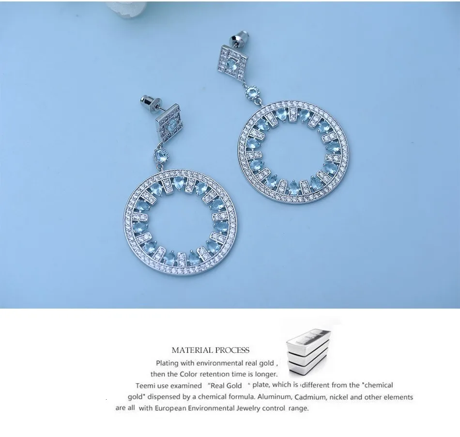 LUOTEEMI исключительно светильник Синий Циркон слеза с твердым покрытием большой круг Длинные Висячие серьги для Для женщин Модные украшения Brincos, подарок