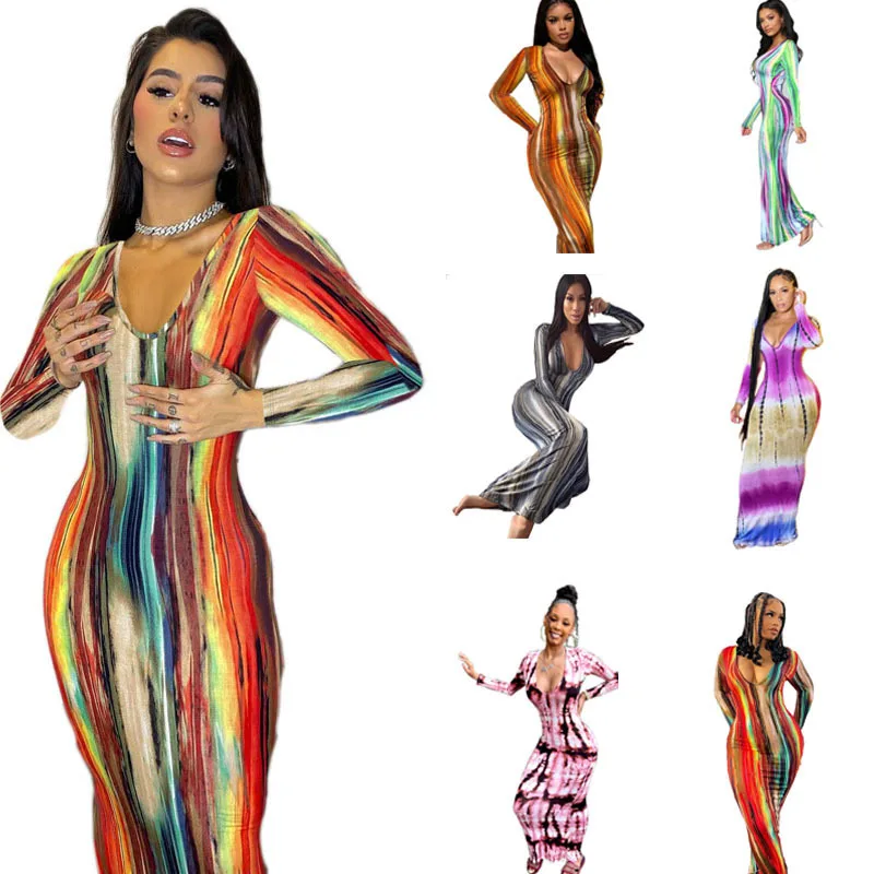2022 Autumn European And American New Printed Long Sleeve Tight Slim Sexy Dress Womens Wear